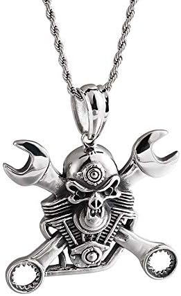 HANXIAODONG Mens Silver Black Gothic Cool Wrench Skull Pendant Stainless Steel Necklace DIY Jewelry Birthday Gift (Color : Silver Black, Size : 5459MM)