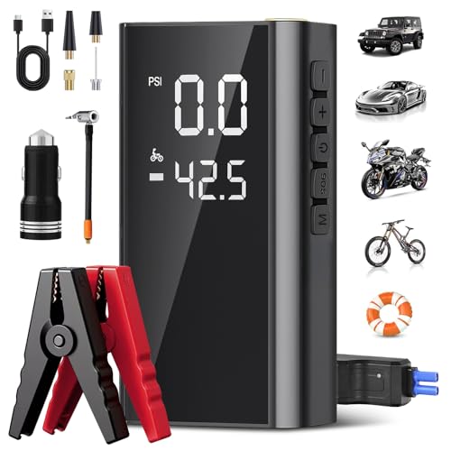 AUTODIAG Arrancador de Batería de Auto 2500A Portátil con Compresor de Aire 150PSI,11000mAh Batería,Jump Starter 12V para Autos Gas 5L/Diésel 2L, Linterna de Emergencia, Clip de Seguridad Inteligente
