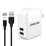 ONSON iPhone Charger,4.8A 24W Dual USB Portable Travel Wall Charger Adapter with Foldable Plug+6FT Long Apple Lightning Cable Charging Cord for iPhone 7/7Plus/6S/6S Plus/6/5S/SE/5C,iPad Air/Mini/Pro