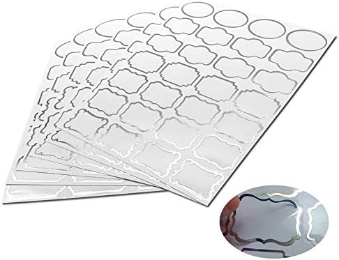 Clear Labels Stickers with Silver Brim 138 Self-Adhesive Waterproof Jar Stickers with A Permanent Black Marker, Assorted Sizes and Shapes to Decorate Your Kitchen Pantry Home Jars Bottles Containers