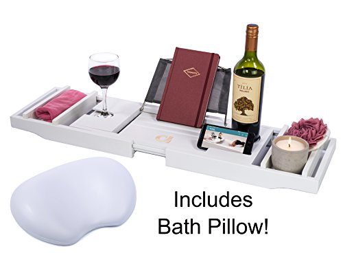 Adorn Home Essentials ADORN Bamboo Bathtub Caddy Bath Tub Tray | Waterproof/Washable Bath Pillow with Suction Cup | White | Expands up to 43"
