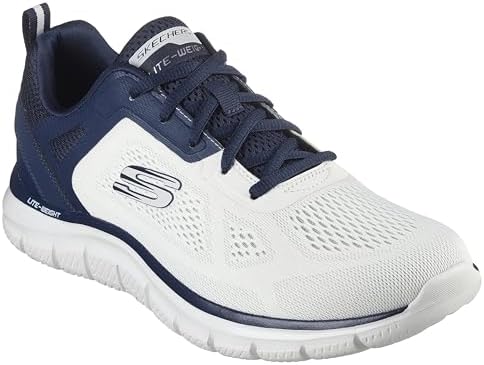 Seguimiento Más Amplio, Zapatillas de Deporte Hombre, Malla de Poliuretano de Ingeniería Blanca Rota con Ribete Azul Marino, 43 EU