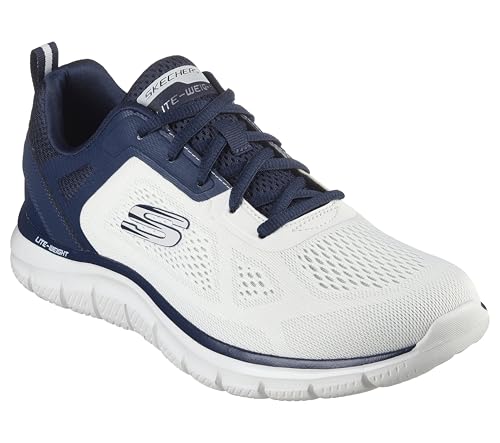Seguimiento Más Amplio, Zapatillas de Deporte Hombre, Malla de Poliuretano de Ingeniería Blanca Rota con Ribete Azul Marino, 42.5 EU