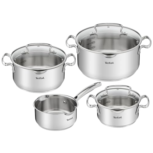 Tefal Duetto Plus 3-teiliges Kochtopf-Set 16/20/24 cm + Stielkasserolle 16 cm + 3 Deckel, induktionsgeeignet, Thermo-Fusion, Messmarken, spülmaschinenfest, backofenfest, Edelstahl