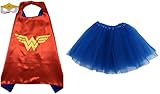 Superhero or Princess TUTU, CAPE, & MASK SET COMPLETE COSTUME - Kids Childrens Halloween (Wonderwoman - Red & Blue)