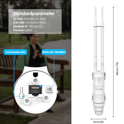 WAVLINK AC1200 Outdoor WLAN Repeater, Weatherproof 1200Mbit/s WLAN Access Point/Amplifier Supports Passive/Active PoE, AP/Router/Repeater Modes, 100Mbit/s WAN/LAN, WPA2, EU Power Supply