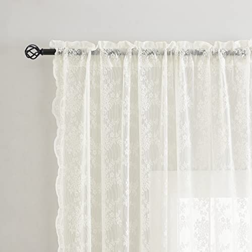 YJ YANJUN Vintage Lace Curtains 84 Inches Long-Victorian Floral Pattern Ivory Sheer Curtain Panels for Living Room Bedroom French Door, Light Filtering Drapes, 2 Panels 52W x 84L Cream