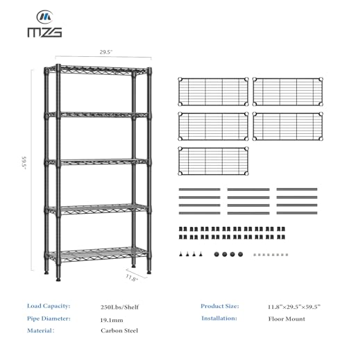 M MZG Heavy Duty Metal Shelving Unit 5 Levels up to 567 kg Adjustable Shelves for Garage, Workshop and Warehouse, Studio, Black, 30 x 75 x 151 cm
