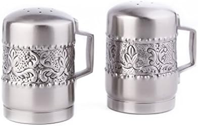 Kitchen Embossed Victoria Pewter Finish Salt Pepper Shaker with Sea Salt Combo