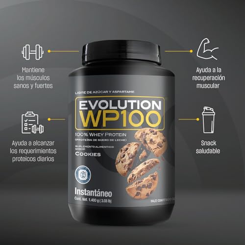 EVOLUTION, Proteína de Suero de Leche, WP100, Whey Protein, 18 Aminoácidos, Sin Gluten, Sugar Free, Post Workout, Sabor Cookies, 46.6 Porciones, 1400g