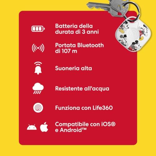 x Disney Tile - Localizzatore, cerca oggetti e tracker Bluetooth per chiavi, borse e altro. Trova telefono. Compatibile con iOS e Android. Pacchetto da 1 (Bianco) - Mickey