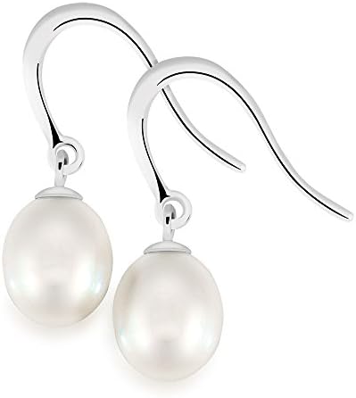 925 Sterling Silver 7.5-8 mm Freshwater Pearl Dangle Earrings (White)