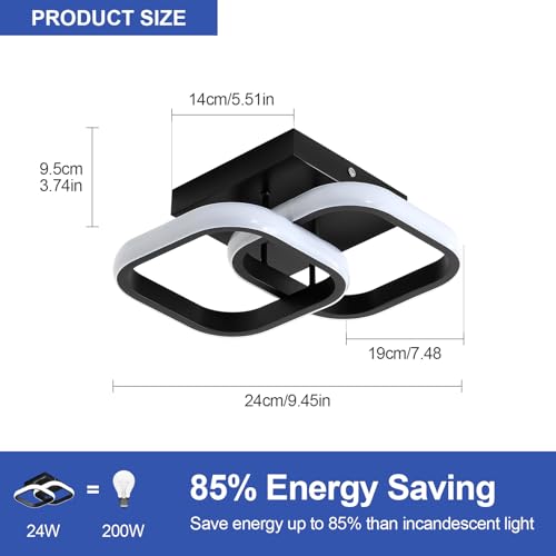 Comely 2 Packs Modern LED Ceiling Light, 22W 2475LM Small Square Indoor LED Ceiling Lamp for Bedroom, Hallway, Balcony, White Light 6500K, Black, 24 cm