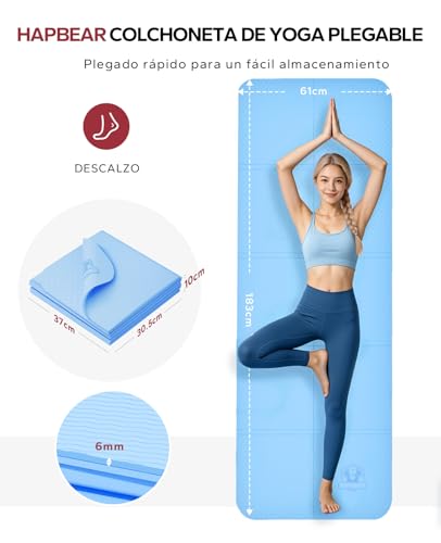 HAPBEAR Foldable Yoga Mat 183x61cmx6mm, TPE Non-Slip Exercise Mat for Home Workout, Yoga, Pilates, Stretching and Travel