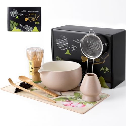 Kit de Té Matcha Tradicional, Juego de Té Matcha 8 Piezas – Tazón de Cerámica Artesanal, Batidor de Bambú, Soporte y Cuchara Kit Completo para Ceremonia de Té Japonesa en Casa (gris)