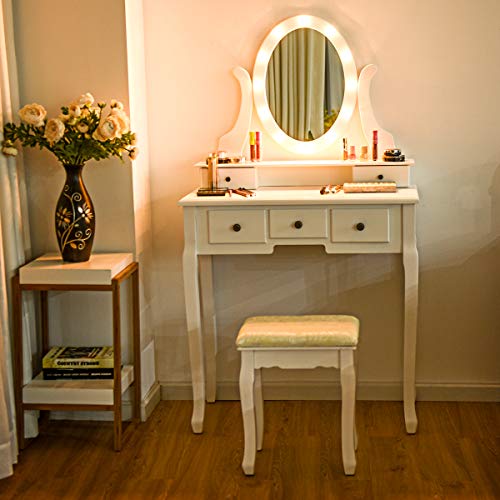 Giantex Vanity Table Set with 12 Lights Mirror, Bedroom Makeup Dressing Table with 360° Rotating Oval Mirror, 5 Drawers and Shelf, Modern Makeup Table with Cushioned Stool for Girls Women (White)