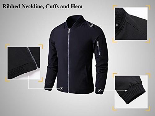 LTIFONE Mens Casual Jacket Zip Up Lightweight Bomber Flight Sportswear Jacket Windbreaker Softshell with Ribbing Edge(Black,XXL) - Thumbnail 3