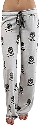 Zachaomero Women Pants Casual Low Waist Flare Wide Leg Long Skull Printed Pants Black M