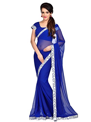 Shonaya Women's Lace Border Georgette Chiffon Blue Designer Saree With Unstitched Blouse Piece
