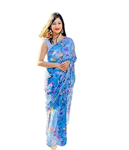 Womens Georgette Flower Printed Saree with Moti Lace Border | Multicolour