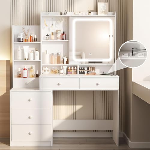 Tocador- Vanity con Espejo Luz LED Mueble para Maquillaje, Tocador de Maquillaje con Estación de Carga Escritorio, Estantes Ocultos, con 6 Cajones y Estantes de Almacenaje para Recamara (Blanco)