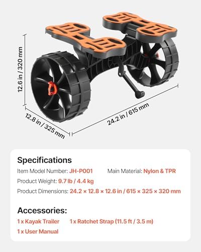 Remolque Horizontal para Kayak, Remolque Plegable 615 x 325 x 320 mm con Neumáticos de Goma Maciza de 25,4 cm y 1 Correa de Trinquete Carga 136 kg, Carrito para Tabla de Surf de Remo, Kayaks