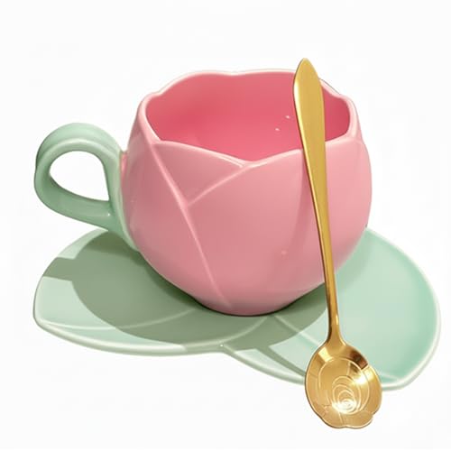 Taza de Café,Taza De Tulipan con Cuchara y portavasos,Juego de Tazas,Hermosa Taza En Forma De Tulipan,con plato y cuchara de cerámica.,para Regalos Mamá, Mujer, Cumpleaños y San Valentín(Rosa)
