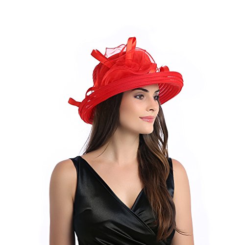 Dantiya Women's Organza Wide Brim Bowler Hat Kentucky Derby Church Dress Sun Hat (Red)