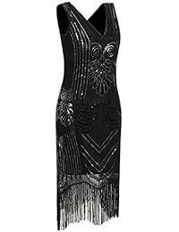 Vijiv Vestido de mujer de los años 20 con volantes, cuello en V, con cuentas, de lentejuelas, para cóctel, noche