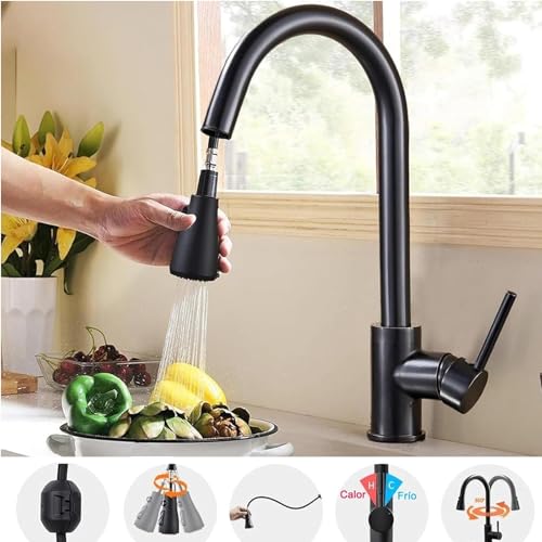 Actualizado Grifo de Cocina de Acero Inoxidable - 1 Mezcladora para Fregadero + 1 Cepillo de Limpieza +1 Paño Limpieza + Otros Accesorios, Grifo Llaves para Fregadero de Cocina Llave Mezcladora Negro
