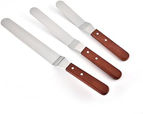 Icing Spatula Set - Yamoo 3 Pieces Offset Stainless Steel Cake Decorating Frosting Spatulas Angled with Wooden Handle (6"-8"-10" Blade)