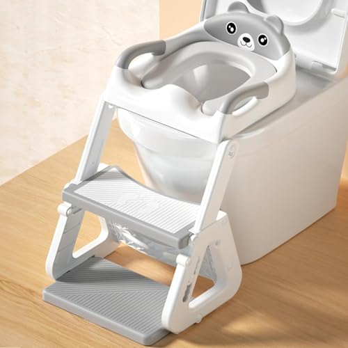 ZERIFAM Potty Training Seat 2 in 1, Children's Toilet Seat with Steps, Ultimate Stability Toddler Toilet Seat, Foldable Adjustable, For Kids Boys Girls Toddlers Potty Chair with PVC Cushion (Grey)