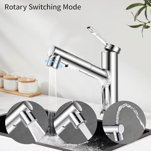VirtuGro Bathroom Sink Faucet with Pull-Out Hand Shower 3 Modes Single Lever Hot and Cold Mixer Tap Aerator Shower for Sink (Silver)