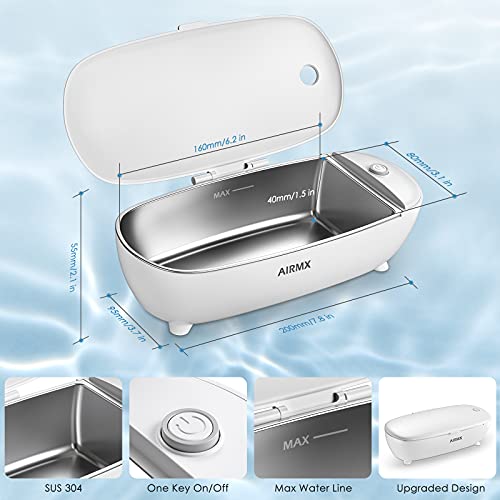 AIRMX Ultrasonic Jewelry Cleaner Portable - Low Noise Ultrasonic Machine for Jewelry, Ring, Silver, Retainer, Eyeglass, Watches, Coins, 450ML, 46KHz Ultrasound Cleaner Machine (White)