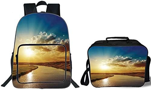 iPrint 19" School Backpack & Lunch Bag Bundle,Clouds,Cool Sunset Over River Horizon Magical Landscape Phenomenal Physical Event Theme,Blue Golden,for Boys Girls