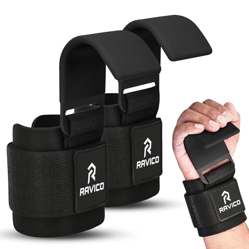 RAVICO Weight Lifting Hooks Grips for Men & Women - Premium Lifting Hook Straps with Neoprene Padded Wrist Support - Heavy Duty Hand Grips for Powelifting,Deadlifts, Shrugs & Pull-Ups for Gym Workout