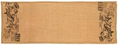 Burlap Carte Postale French Script Table Runner with Bird