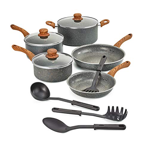 BELLA 12 Piece Wood Grain Pattern Handle Set Nonstick Cookware, Gray