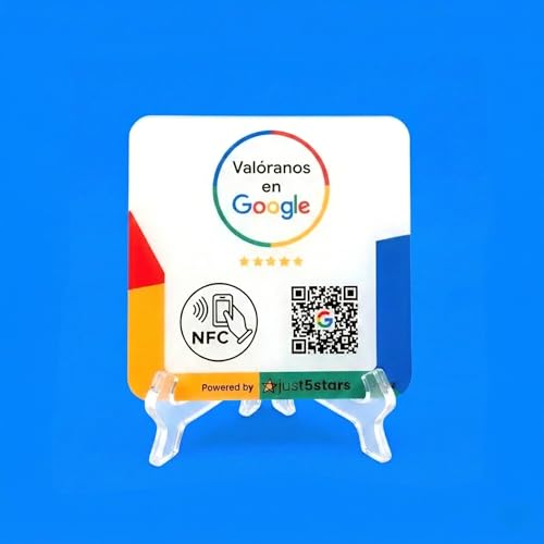 just5stars - Google Reviews Poster - NFC and QR - No Subscriptions - 12cm x 12cm - Includes sticker and stand.