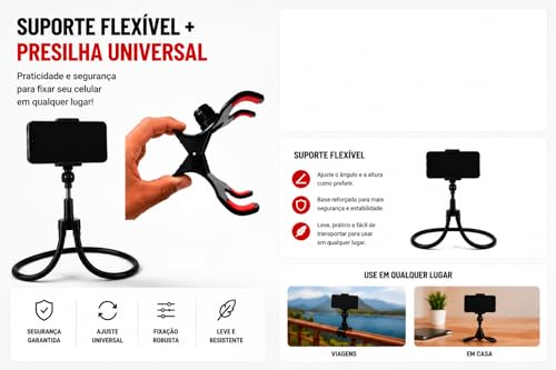 Suporte Articulado Flexível para Celular, Suporte de Pescoço Universal 360 Graus, Mãos Livres, Preto ideal para Leituras.