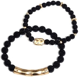 [Handmade Double Layered Natural Stone Stretch Bracelet] Jet Black (4/5)