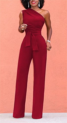 VLUNT Women's Sexy One Shoulder Jumpsuits Belted Wide Leg Long Romper Pants
