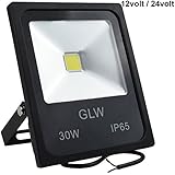 GLW LED 12V 24V AC or DC Flood Light 30W Warm White Outdoor Lights IP65 Waterproof Security Light 3010lm Landscape Lighting 180W Halogen Bulb Equivalent for Boat Lights,2 Years Warranty