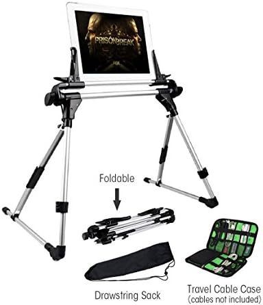 Tablet Stand for Bed, Sofa Floor, Set of 3 Includes 1x Folding Tablet Holder Adjustable for iPad, E-reader, Tablet, iPhone, Cellphone, 1xTravel Cable Bag, 1xDrawstring Sack for Indoor & Outdoor Travel