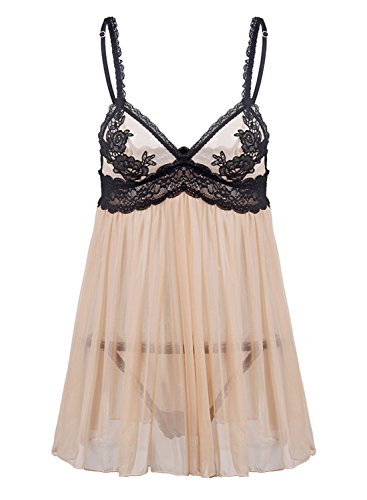 Justgoo Women Sexy Lingerie Lace Sleepwear Babydoll G-String Patchwork Miniskirt,Apricot,M