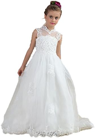 VIPbridal White Lace Appliques Long Flower Girl Dress