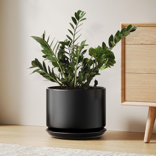 LE TAUCI Blumentopfe Keramik, 25cm, mit Untersetzer & Drainageloch, Schwarz
