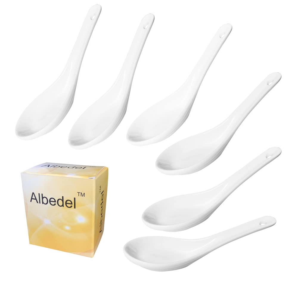 Albedel 6 pcs Asia Porcelain Soup Spoon Ceramic Rice Spoons Chinese Won Ton Spoons for Home Kitchen Restaurant White