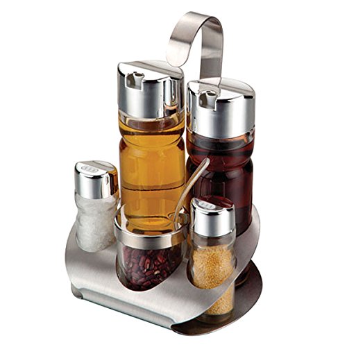 VDOMUS Glass Cruet Set with Stand Oil Vinegar Dispenser Salt and Pepper Shaker Bottles Serving Set Picnic Table Condiment Server Holder, 5 piece
