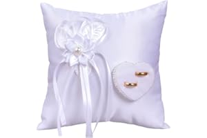 Wedding Ring Pillow, 7.9 Inch White Wedding Ring Pillow with Ribbon, Pearl Bridal Ring Pillow Ring Cushion for Wedding Party 